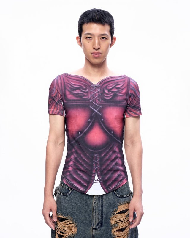SS23 ‘DYSTOPIAN BEACH’ RED ARMOUR AIR BRUSH PRINT TOP (-30%)