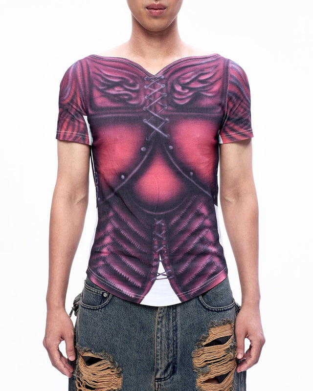 SS23 ‘DYSTOPIAN BEACH’ RED ARMOUR AIR BRUSH PRINT TOP (-30%)